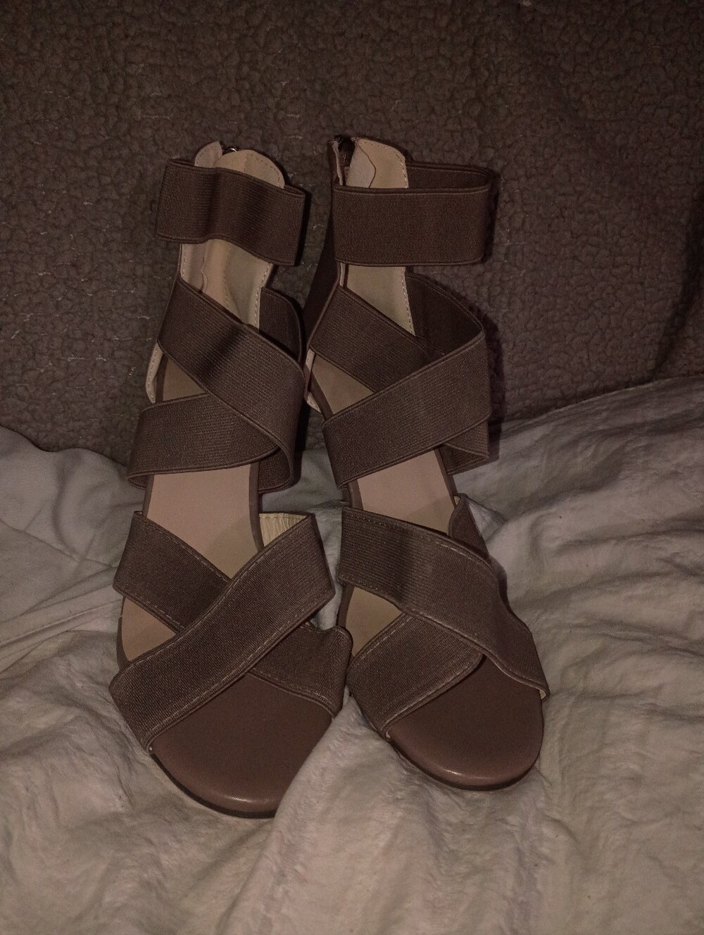 New Women's Strappy Elastic Taupe Heeled Sandals